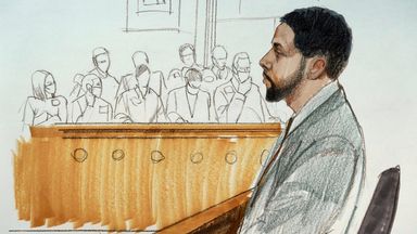 Court sketch of actor Jussie Smollett taking the stand at the Leighton Criminal Courthouse on day five of his trial in Chicago. Pic: AP/Cheryl Cook court sketch